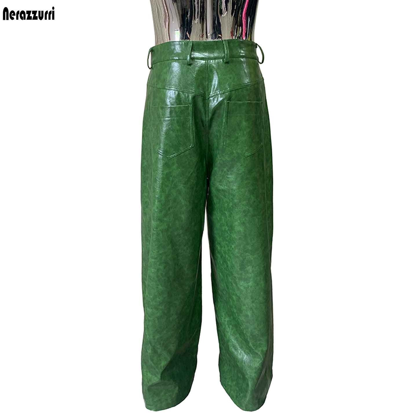 Motorcycle Gear Mens - กางเกงขายาวทรงหลวมกันน้ำสีเขียวสดใสเงางามจากหนัง PU สำหรับผู้ชาย เนราซซูร์รี แฟชั่นสตรีทแวร์สุดหรู